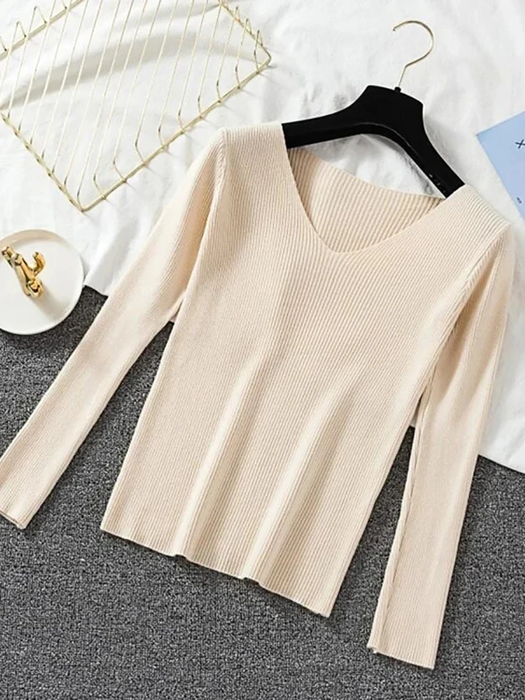 2026 New Women Sweater Autumn Winter Long Sleeve Pullover Basic Top Fashion V-neck Elastic Female Winter Solid Knitted Jumper - Image 3