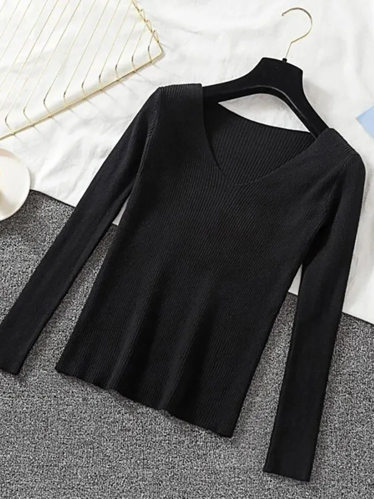 2026 New Women Sweater Autumn Winter Long Sleeve Pullover Basic Top Fashion V-neck Elastic Female Winter Solid Knitted Jumper - Image 4