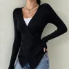 2026 New Women Wrap V Neck Rib Knit Long Sleeve Sweater Asymmetric Hem Slim Bodycon Jumper Fashion Party Ladies Knitwear Tops