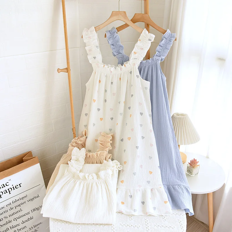 2026 New Women's Summer Cotton Yarn, Pure Cotton Suspender Sleepwear Loose Medium to Long Sweet and Cute Long Skirt Home Wear - Image 2
