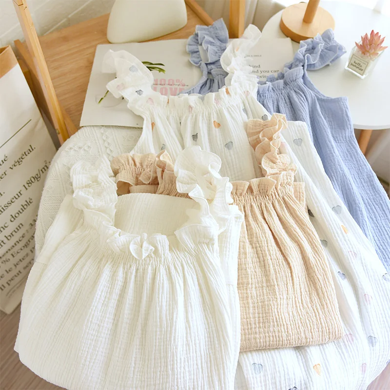2026 New Women's Summer Cotton Yarn, Pure Cotton Suspender Sleepwear Loose Medium to Long Sweet and Cute Long Skirt Home Wear - Image 3