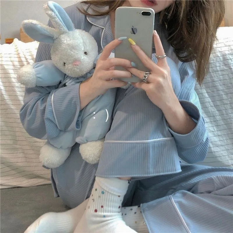 2026 Spring and Autumn New Women's Solid Color Pajamas Homewear Suit Girls Long-Sleeved Autumn and Winter Leisure Homewear Suit - Image 2