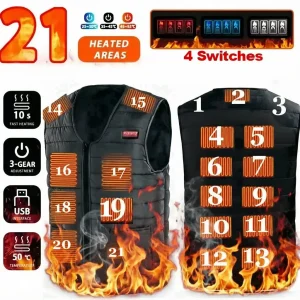 21 Area Heated V-Neck Vest Men's Autumn Winter Smart Thermal Cotton Heated Jacket Warm Outdoor Flexible M-6XL for Women Vest