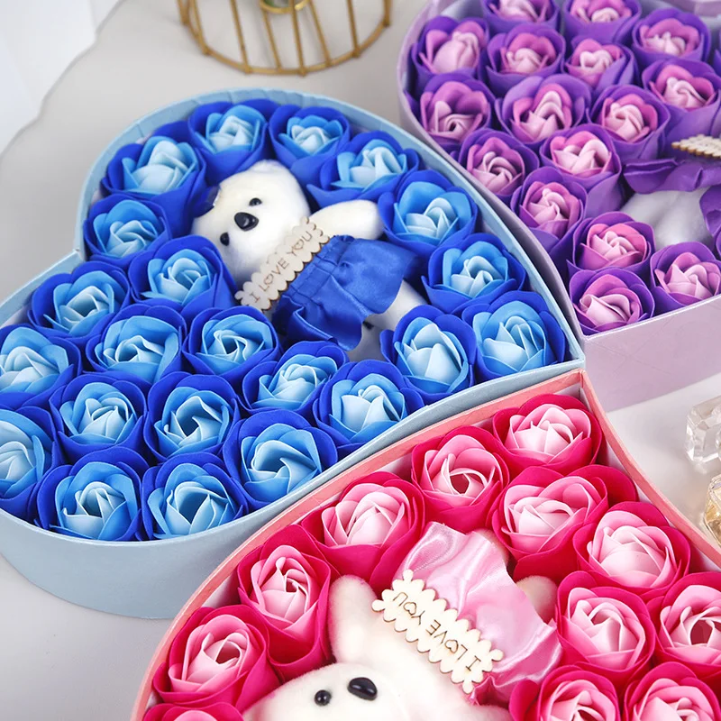 22 Flowers Soap Flower Gift Rose Box Valentines Day Gift Bears Bouquet Wedding Decoration Gift Festival Heart-shaped Box - Image 2