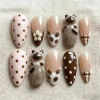 24PCS Cute Cat Almond Press on False Nails Sweet Brown Polka Dots French Simple Flowers Pink Nail Tips Set Full Cover Fake Nails