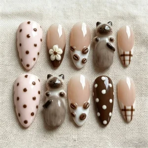 24PCS Cute Cat Almond Press on False Nails Sweet Brown Polka Dots French Simple Flowers Pink Nail Tips Set Full Cover Fake Nails