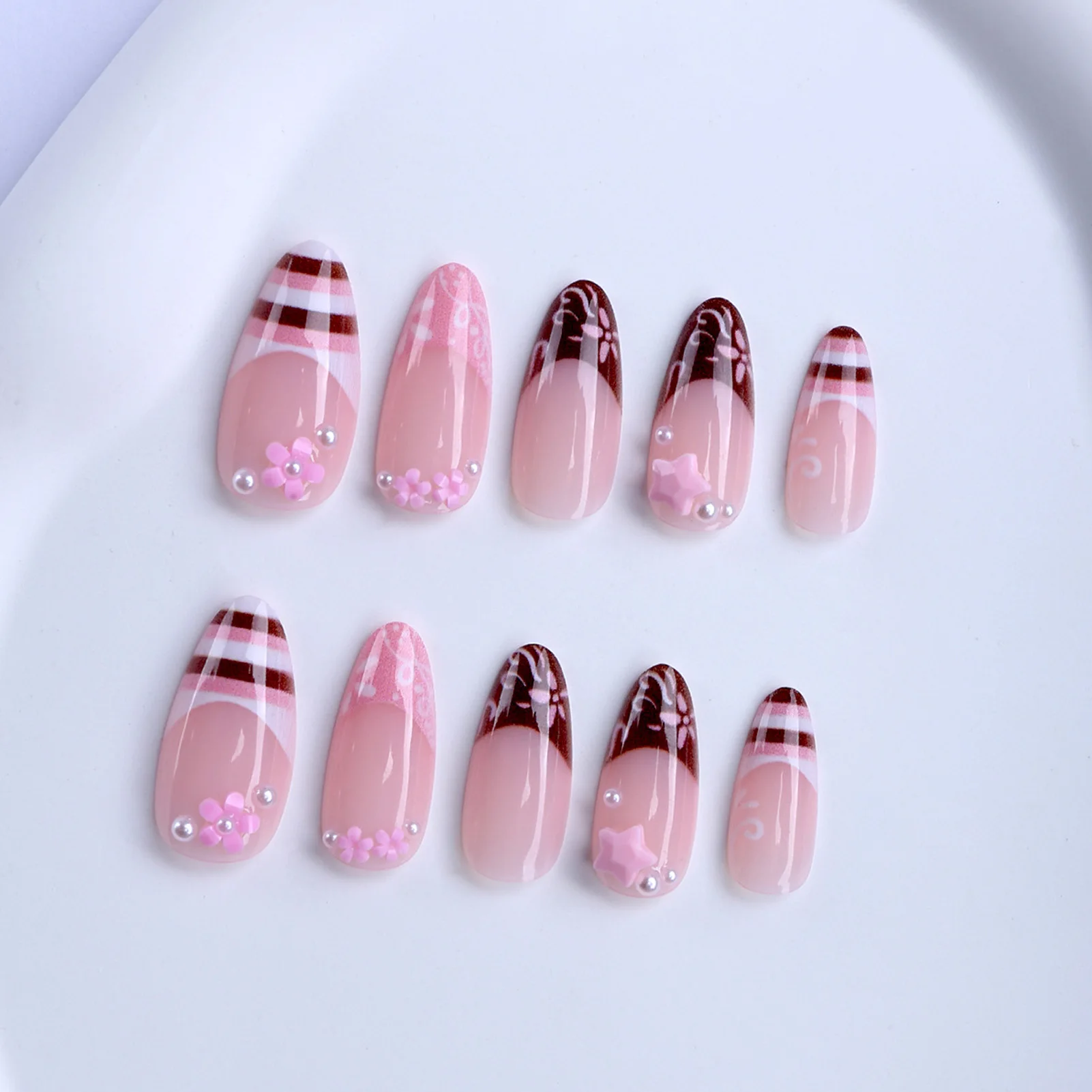 24Pcs Almond Shape False Nails Brown Stripes Pink Flowers Fake Nails Wearable Full Cover Nails Tips Acrylic Nail Tips False Nail - Image 3
