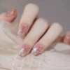 24Pcs Ballet Fake Nails Blush with French Diamond Chain Cat's Eye Tips Press on Nails Art Simple Wearable Finished False Nail