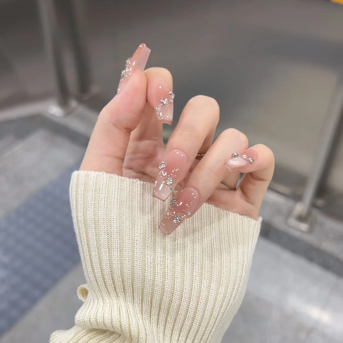 24Pcs Ballet Fake Nails Blush with French Diamond Chain Cat's Eye Tips Press on Nails Art Simple Wearable Finished False Nail - Image 3