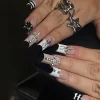 24Pcs Gothic Mid-length Square False Nails Detachable Diamond Decor Cool Press on Nails Black White Stripe French Fake Manicure