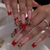 24Pcs Long Square Press on Nails Leopard Print French 3D Cherry Design False Nail Rhinestone Wearable Full Cover Fake Nails Tips