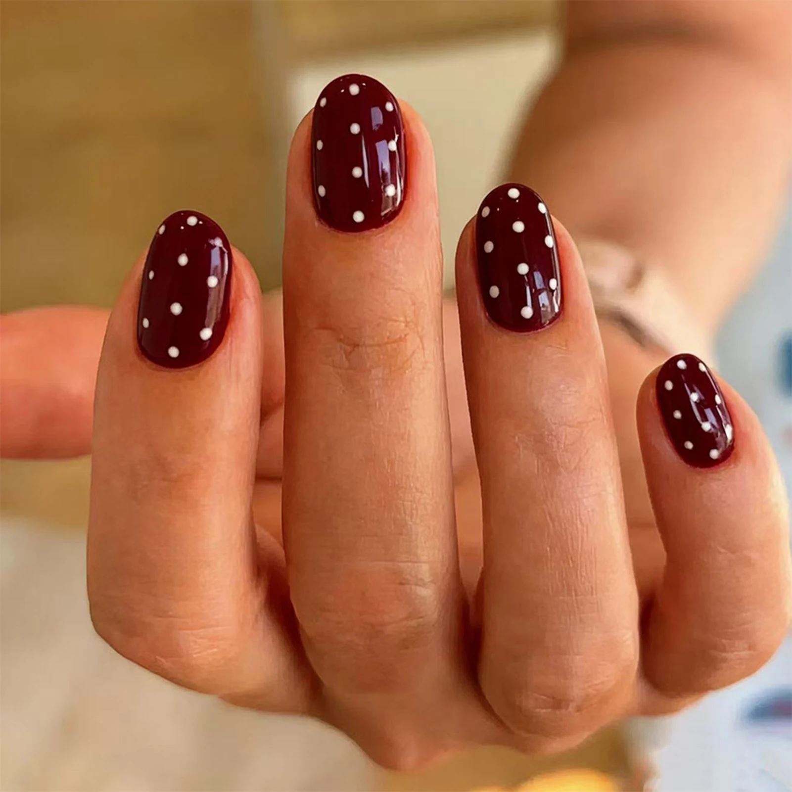24Pcs Short Round Fake Nails Brown French Press On Nails White Polka Dot Printed Nude Color Detachable False Nails Patches - Image 4