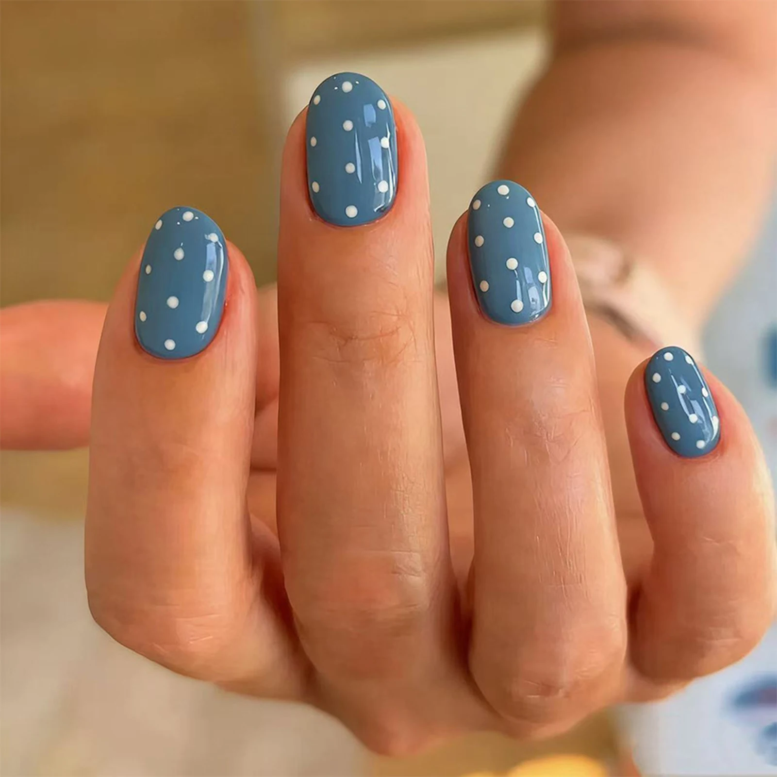 24Pcs Short Round Fake Nails Brown French Press On Nails White Polka Dot Printed Nude Color Detachable False Nails Patches - Image 6