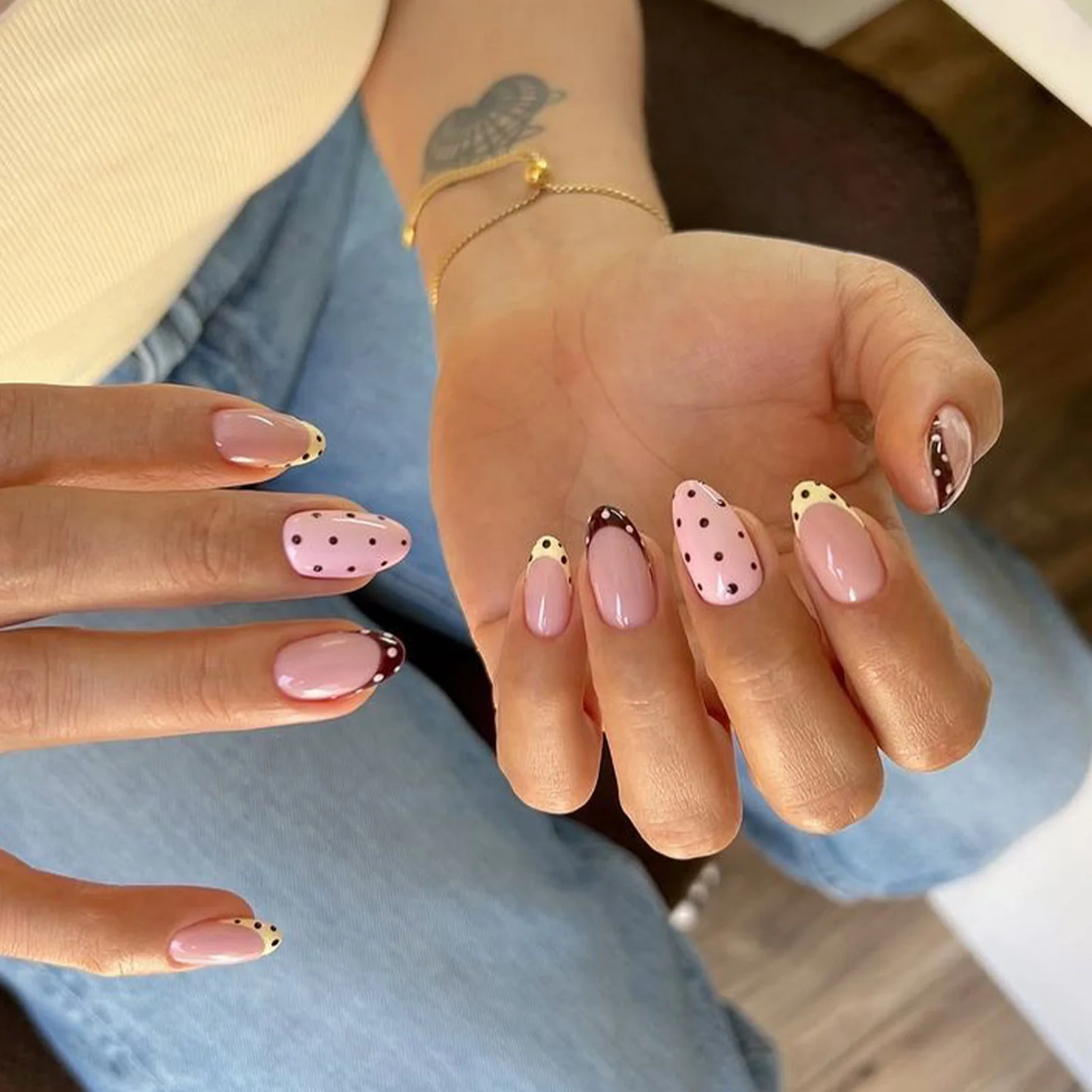 24Pcs Short Round Fake Nails Brown French Press On Nails White Polka Dot Printed Nude Color Detachable False Nails Patches - Image 3