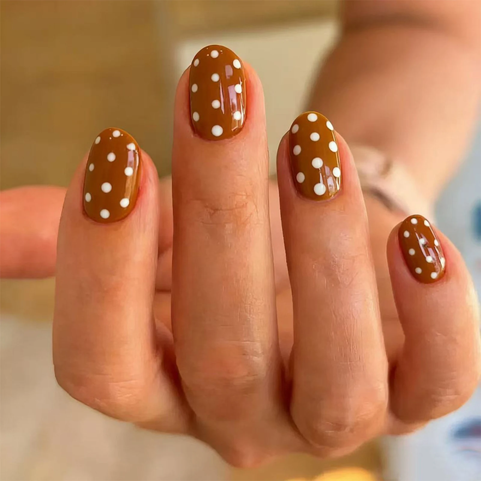 24Pcs Short Round Fake Nails Brown French Press On Nails White Polka Dot Printed Nude Color Detachable False Nails Patches - Image 5