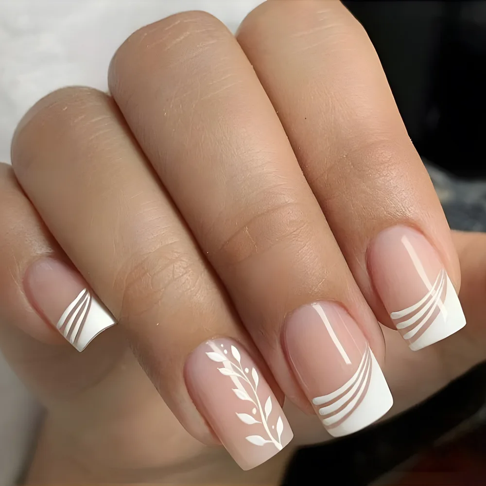 24Pcs Simple Square Head Fake Nail with nude design White Gradient French Press on False Nails Short Full Cover Nail Tips - Image 2