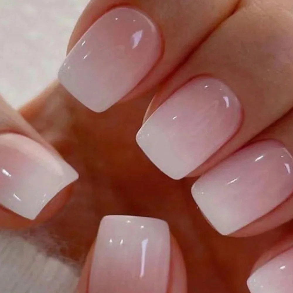 24Pcs Simple Square Head Fake Nail with nude design White Gradient French Press on False Nails Short Full Cover Nail Tips - Image 5