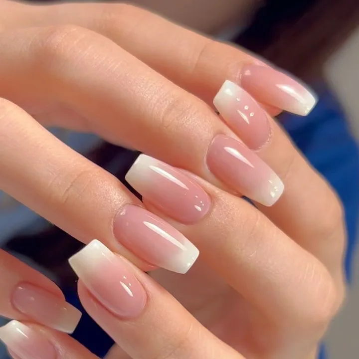 24Pcs Simple Square Head Fake Nail with nude design White Gradient French Press on False Nails Short Full Cover Nail Tips - Image 6