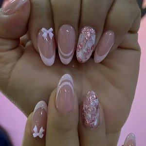 24Pcs Sweet French Bow False Nails Press on Shiny Powder Smudge Nails Tips Full Cover Almond Ins Wearable Simple Pink Fake Nail