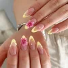 24Pcs Yellow French Full Cover Nails Tips Mid-length Almond Detachable False Nails 3D Flower Pearl Starburst Press on Fake Nails