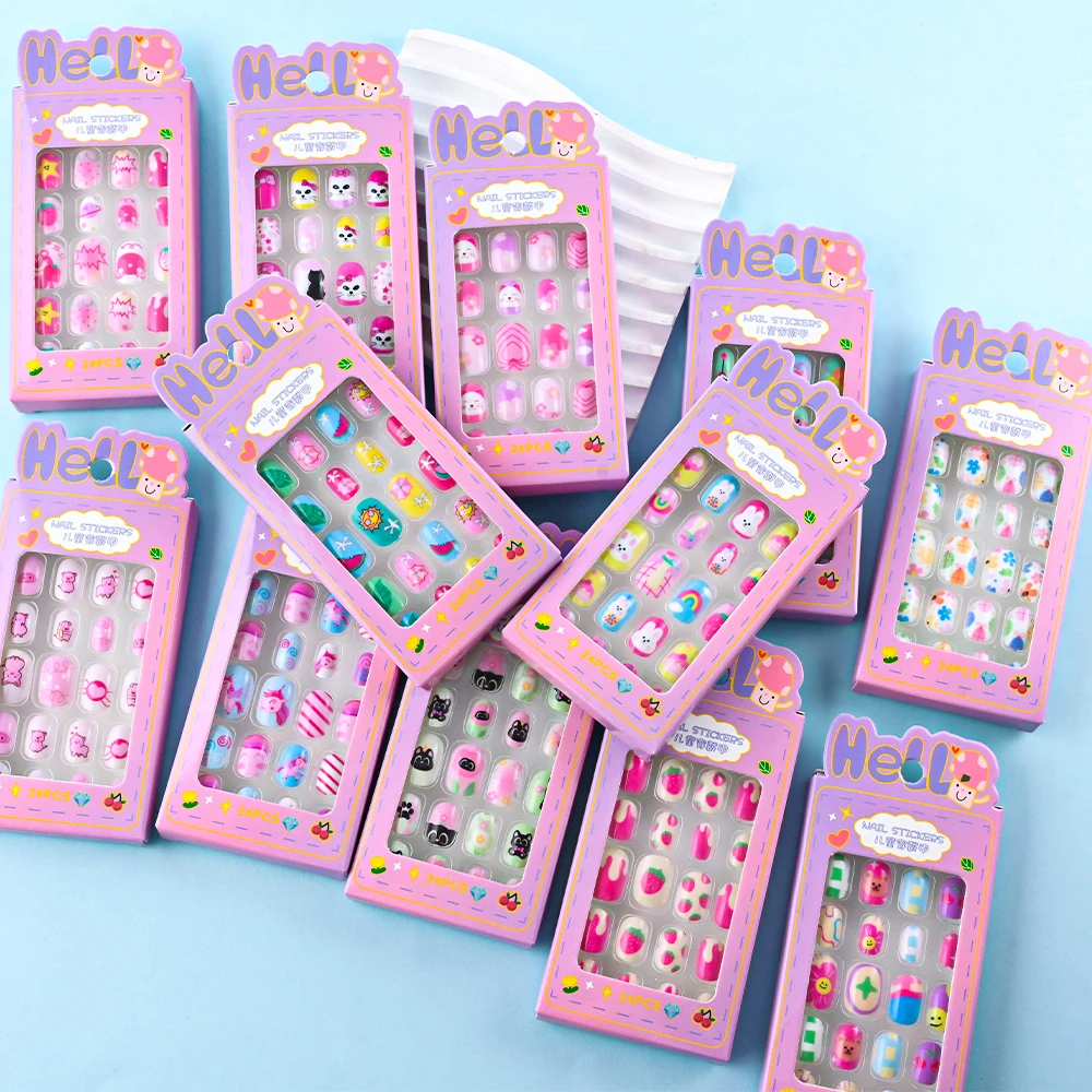 24Pcs/box Kids nails for Girl Cartoon Pattern False Nail Cute Child Fake Nails Tips Kawaii Acrylic Artificial Press on Nail+Tool - Image 2