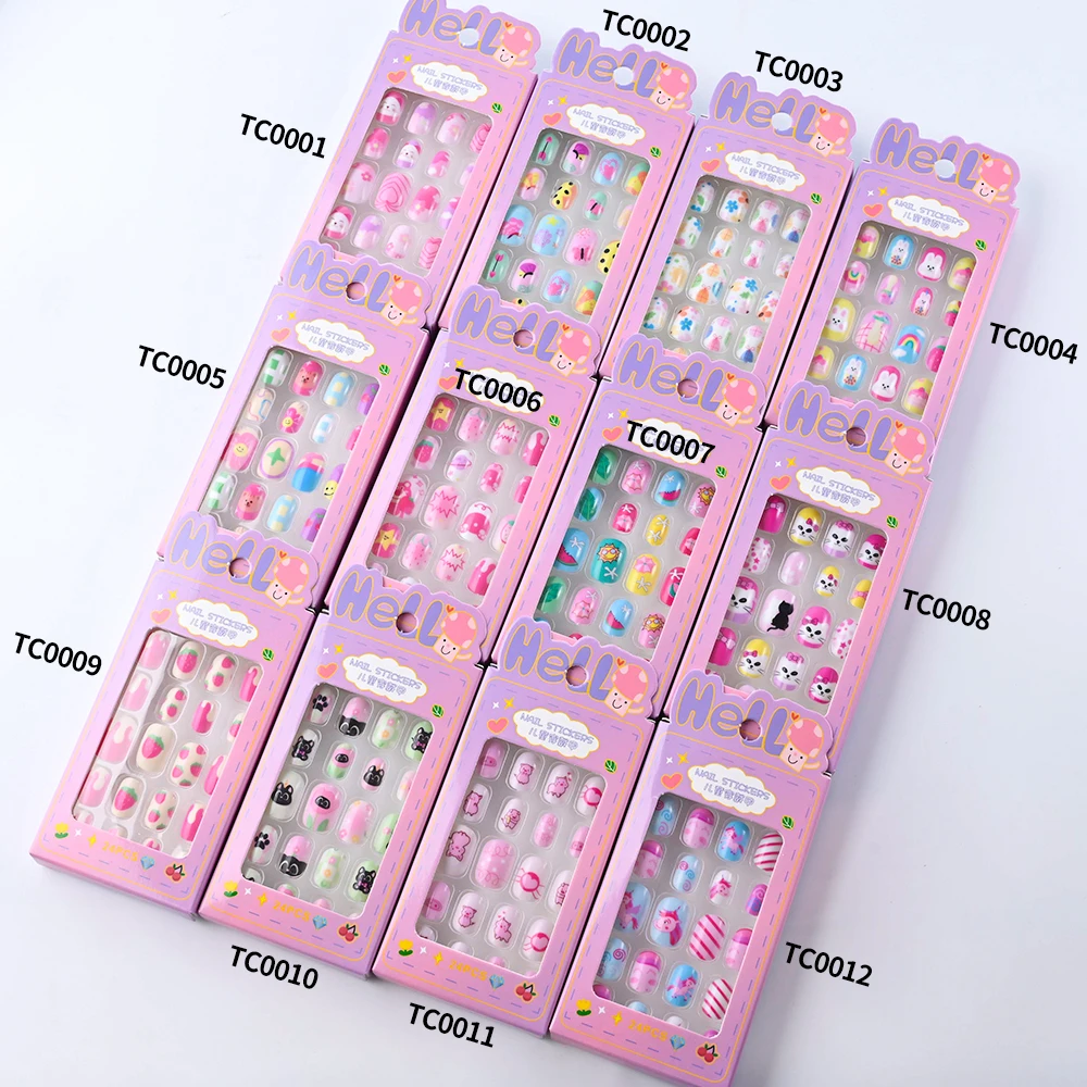 24Pcs/box Kids nails for Girl Cartoon Pattern False Nail Cute Child Fake Nails Tips Kawaii Acrylic Artificial Press on Nail+Tool - Image 5