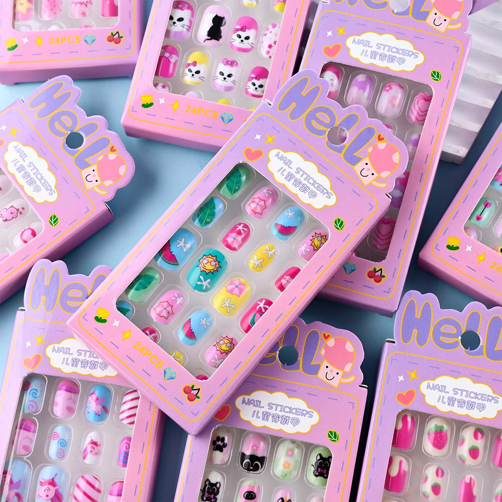 24Pcs/box Kids nails for Girl Cartoon Pattern False Nail Cute Child Fake Nails Tips Kawaii Acrylic Artificial Press on Nail+Tool - Image 3