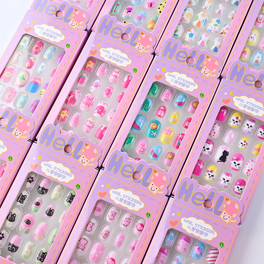 24Pcs/box Kids nails for Girl Cartoon Pattern False Nail Cute Child Fake Nails Tips Kawaii Acrylic Artificial Press on Nail+Tool - Image 4