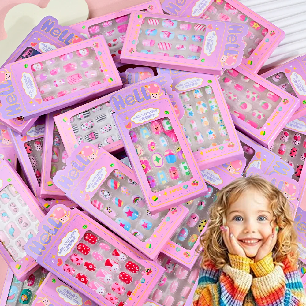 24Pcs/box Kids nails for Girl Cartoon Pattern False Nail Cute Child Fake Nails Tips Kawaii Acrylic Artificial Press on Nail+Tool