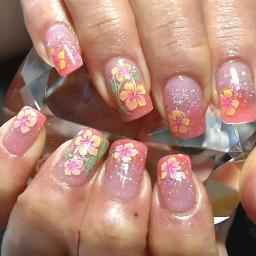 24Pcs/set Mid-length Square Press on Nails Yellow Flower Pattern Fake Nails Summer Wearable False Nails Uñas Накладные Ногти 네일팁 - Image 5