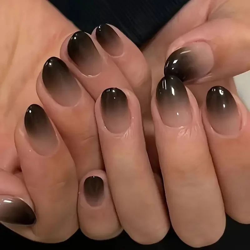 24pcs Black Gradients Long Paragraph Fashion Manicure Patch Reusable Adhesive False Nails Almond Fake Nails Press On Stiletto - Image 2