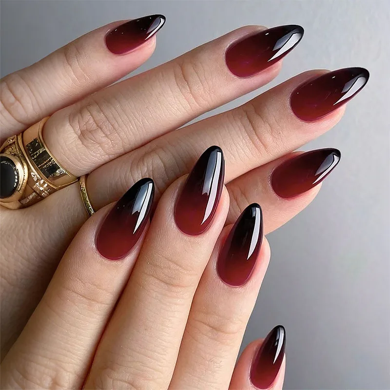 24pcs Black Gradients Long Paragraph Fashion Manicure Patch Reusable Adhesive False Nails Almond Fake Nails Press On Stiletto - Image 6
