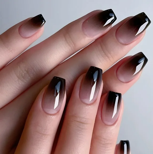 24pcs Black Gradients Long Paragraph Fashion Manicure Patch Reusable Adhesive False Nails Almond Fake Nails Press On Stiletto - Image 5