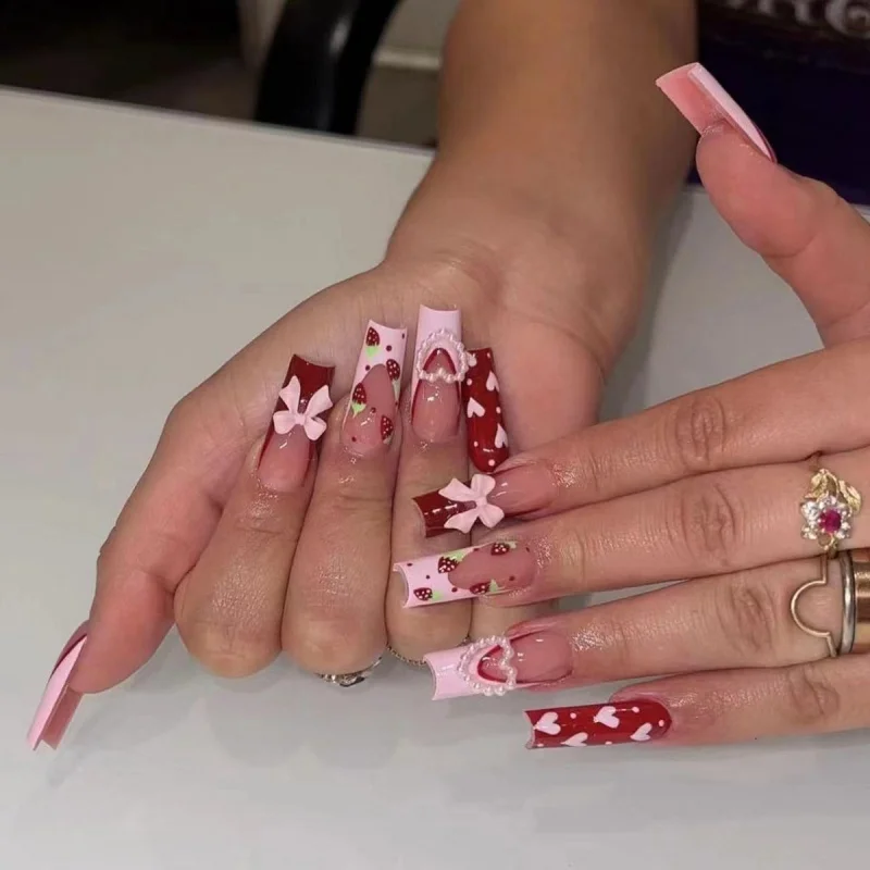 24pcs Rhinestones Press on Nails Art Datachable Glitter French Acrylic Nails Tip Flower Long Square Fake Nail Pink False Nails - Image 6