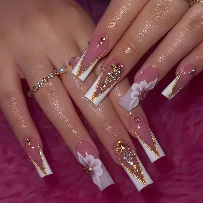 24pcs Rhinestones Press on Nails Art Datachable Glitter French Acrylic Nails Tip Flower Long Square Fake Nail Pink False Nails - Image 3