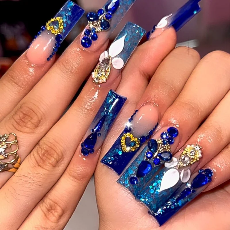 24pcs Rhinestones Press on Nails Art Datachable Glitter French Acrylic Nails Tip Flower Long Square Fake Nail Pink False Nails - Image 4