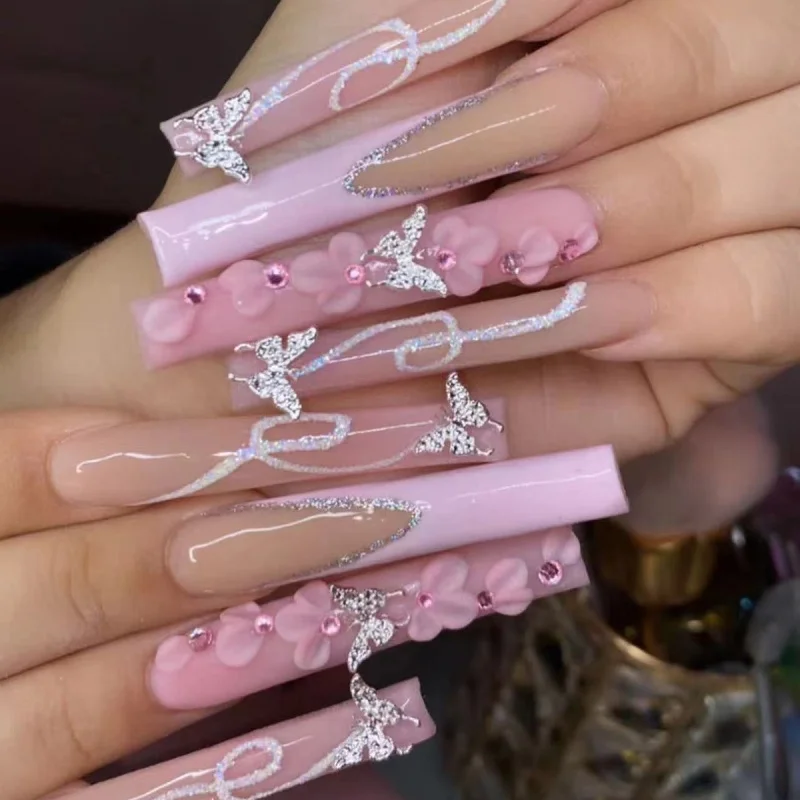 24pcs Rhinestones Press on Nails Art Datachable Glitter French Acrylic Nails Tip Flower Long Square Fake Nail Pink False Nails - Image 5