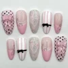 24pcs Sweet Pink Press On Nails Pink Bowknot Design French Almond Fake Nails Glossy Fashion Korean False Nail Patches Manicure