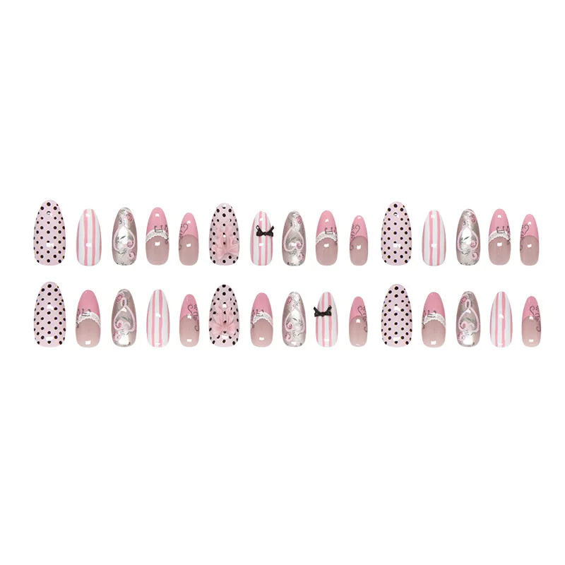 24pcs Sweet Pink Press On Nails Pink Bowknot Design French Almond Fake Nails Glossy Fashion Korean False Nail Patches Manicure - Image 5
