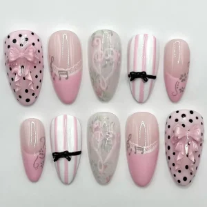 24pcs Sweet Pink Press On Nails Pink Bowknot Design French Almond Fake Nails Glossy Fashion Korean False Nail Patches Manicure