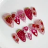 24pcs Wearable Press on Nails Strawberry Bow Design Nails Tips Red Short Almond Pearl Starlight Fake Nail Art Flower False Nails