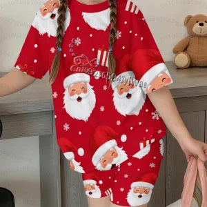 26 Kids Christmas Pajama Set 2pcs Short Sleeve All‑Over Santa Claus Print T‑Shirt+Shorts kids adult Sleepwear 2pc Tracksuit Set