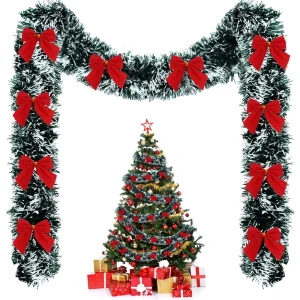 2M Christmas Tinsel Garland with Red Bow Hanging Decor for Xmas Party Tree Stair Mantel Table Home Decoration Christmas Decor