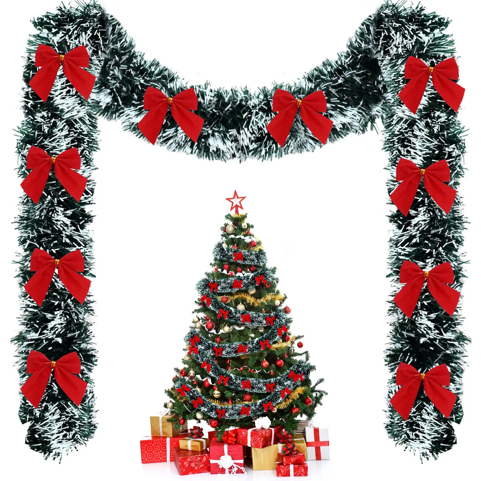 2M Christmas Tinsel Garland with Red Bow Hanging Decor for Xmas Party Tree Stair Mantel Table Home Decoration Christmas Decor