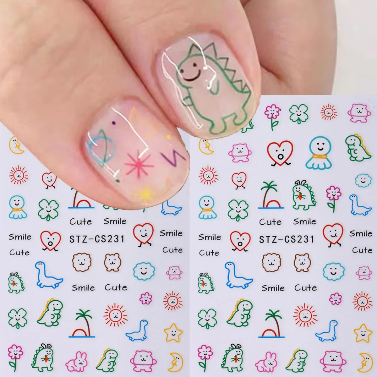 2PCS Cute Dinosaur Nail Art Stickers Japanese Style Sun Face Self-Adhesive Decals Summer Coconut Trees Letter Flower Decoration
