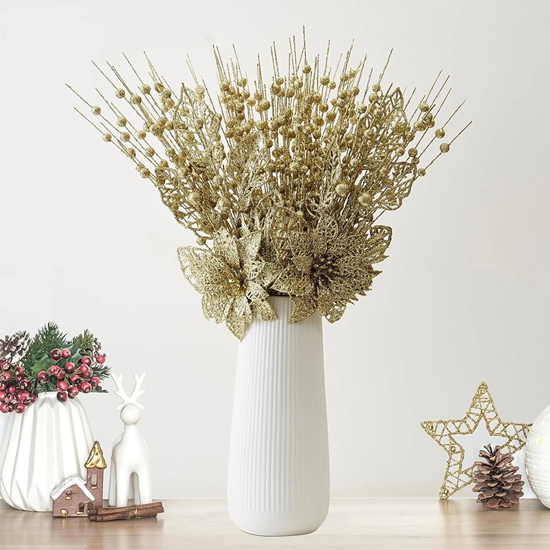 2Pcs Christmas Artificial Flower Bouquet Red Gold Glitter Berries Pick for Tree Ornament Holiday New Year Navidad Decorations - Image 3