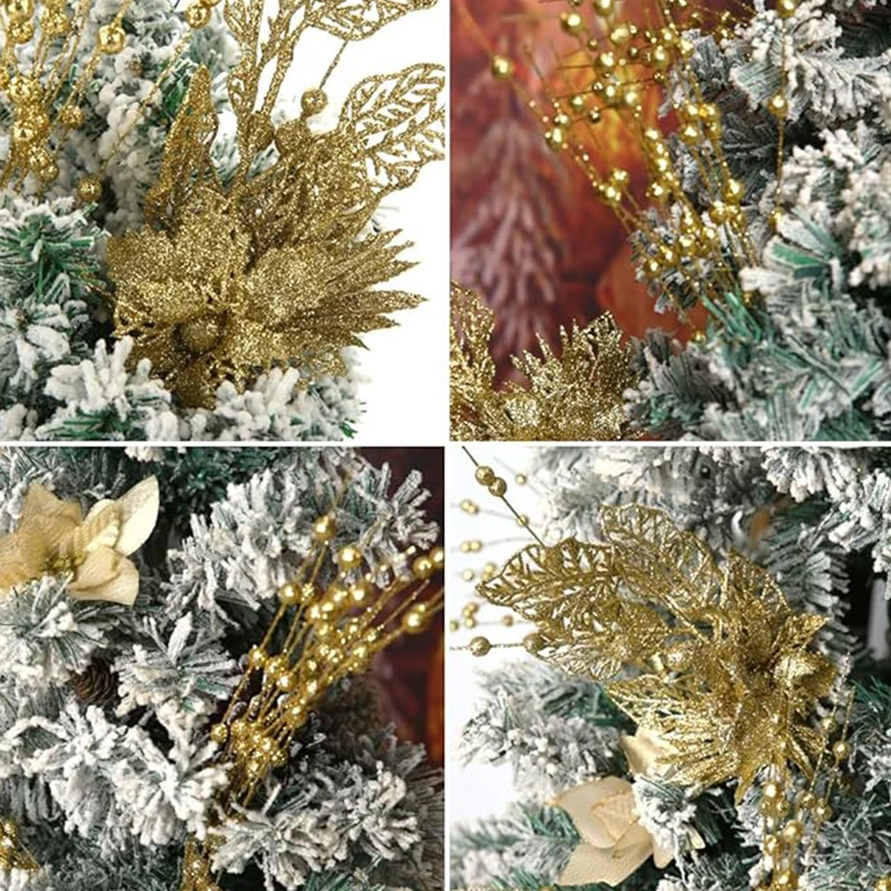 2Pcs Christmas Artificial Flower Bouquet Red Gold Glitter Berries Pick for Tree Ornament Holiday New Year Navidad Decorations - Image 5