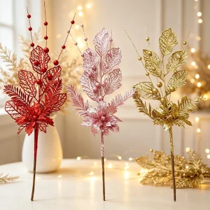 2Pcs Christmas Artificial Flower Bouquet Red Gold Glitter Berries Pick for Tree Ornament Holiday New Year Navidad Decorations