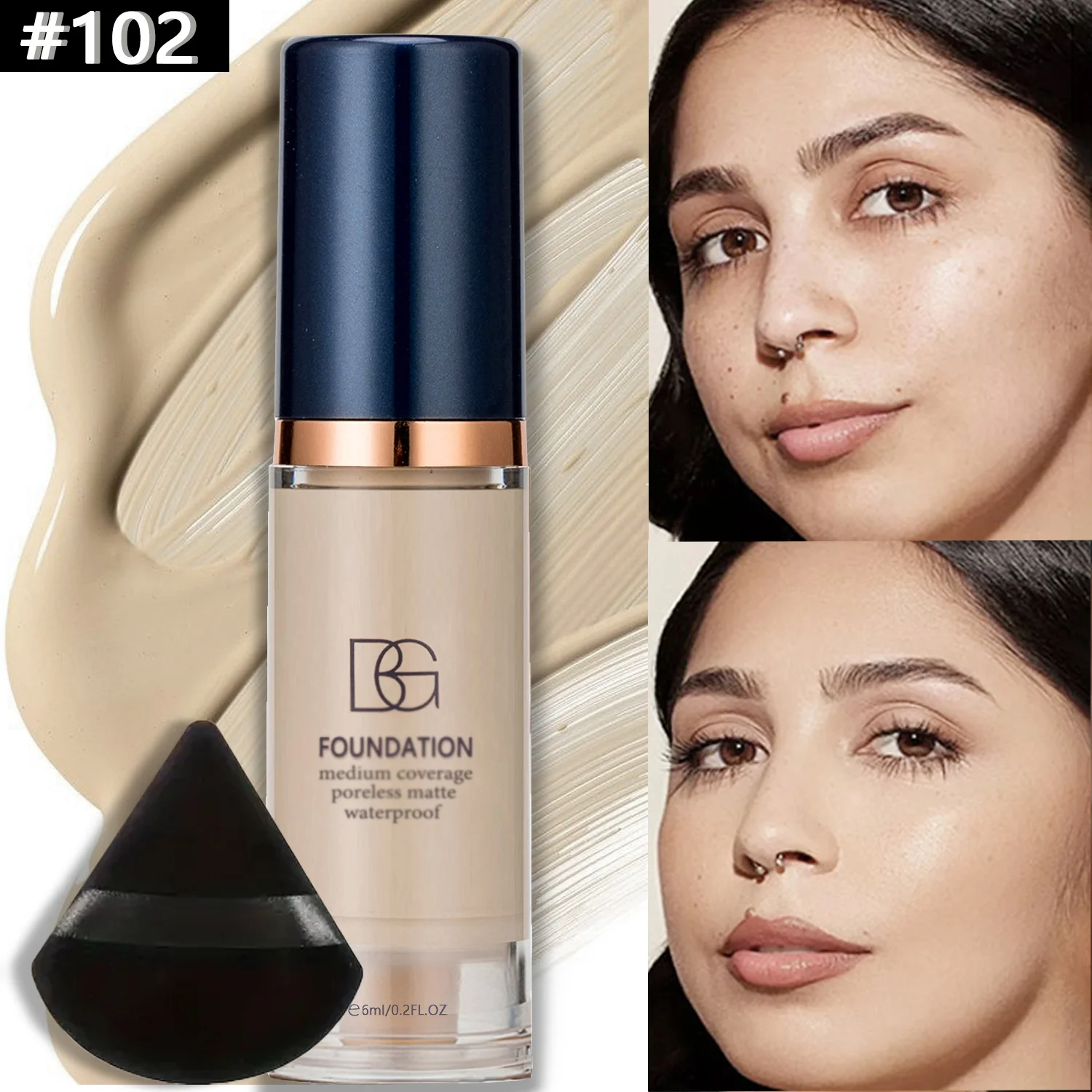 2Pcs Full Coverage Waterproof Liquid Foundation&Black Triangular Powder Puff-LongLasting Matte Finish Dark Circle&Blemish Cover - Image 5