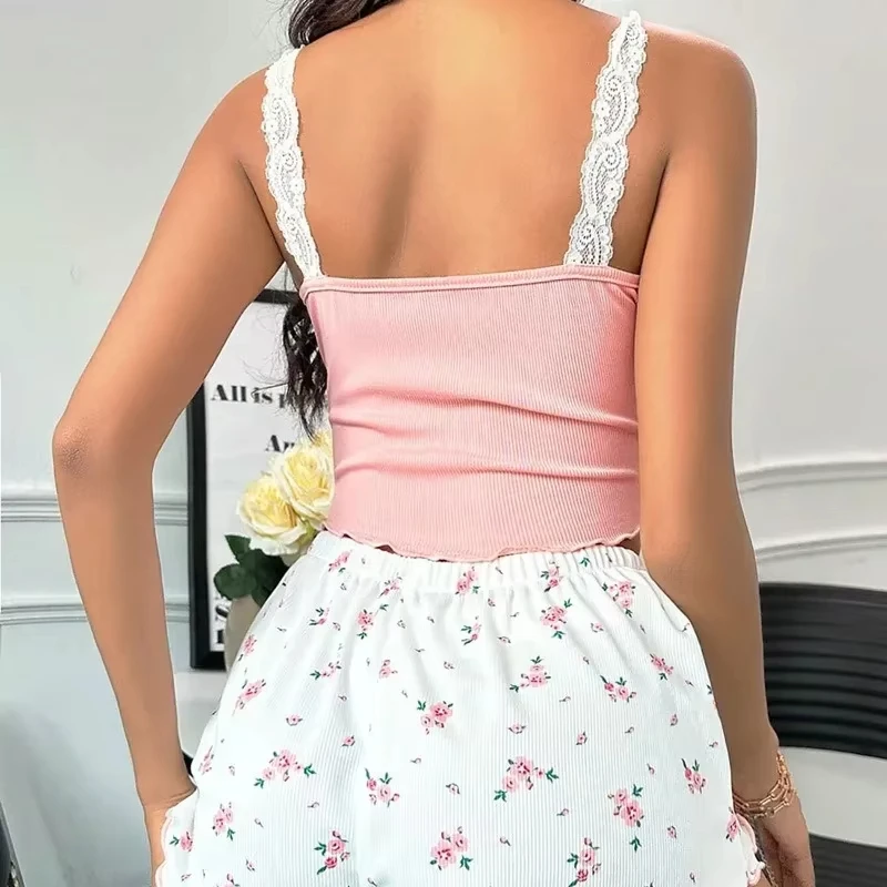 2Pcs Women Pajama Set Pink Lace Patchwork V-Neck Sleepwear Sexy Nighties Suit Cami Top Printed Shorts Soft Pyjamas Loungewear - Image 2